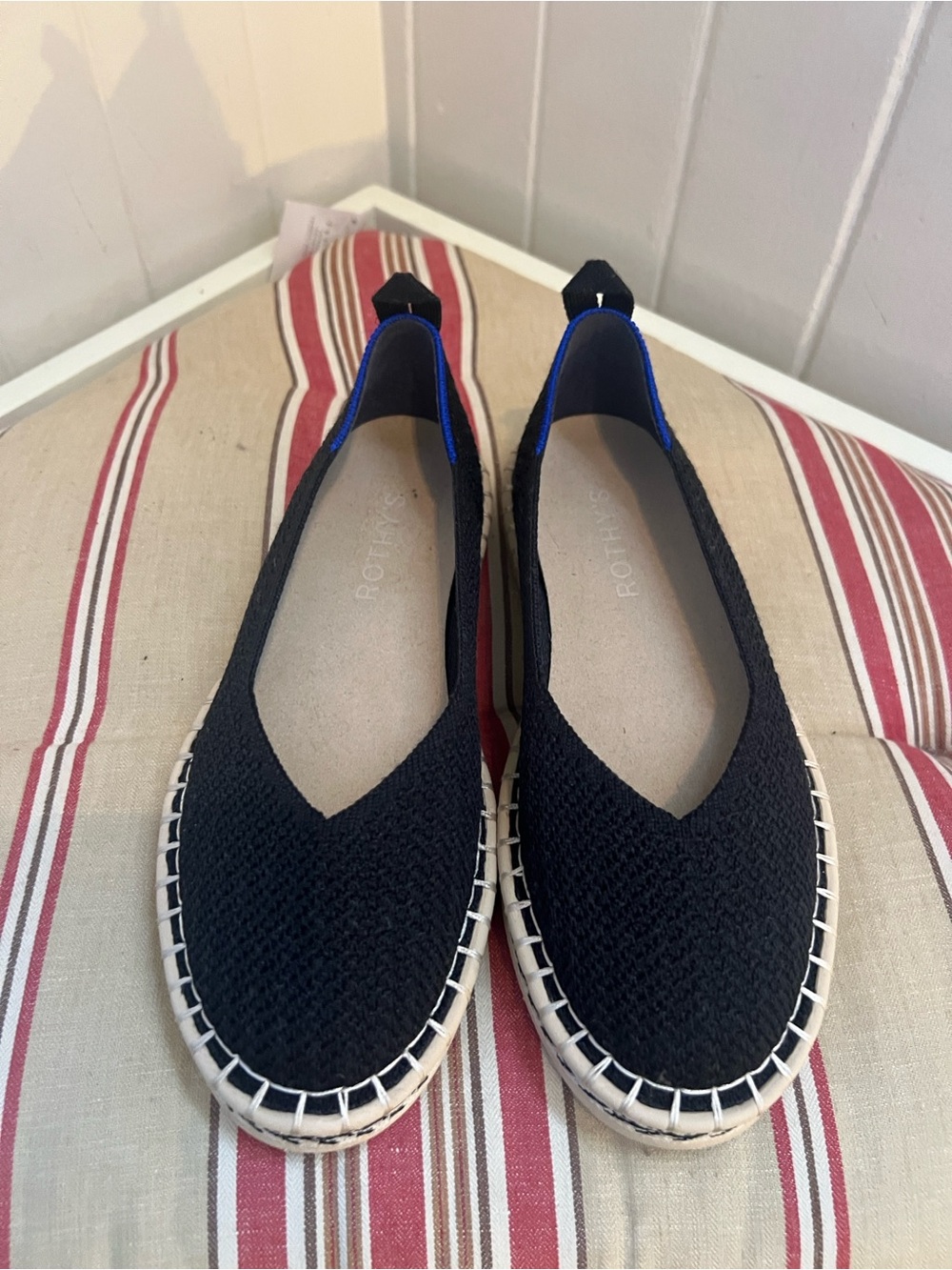 Rothy's Black Knit Espadrille Flats with Blue Trim